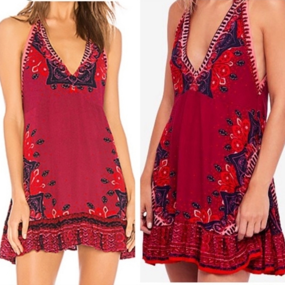 Free People Steal The Sun Halter Mini Dress Ruffle Hem Cutout Swingy Red Md NWT - Picture 8 of 16
